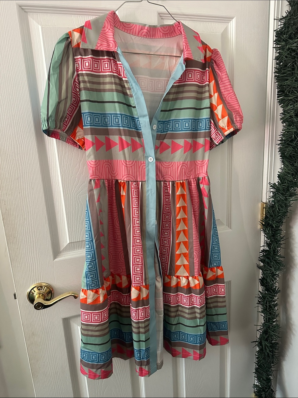 Geometric Print Button-Front Summer Dress in Pink & Blue